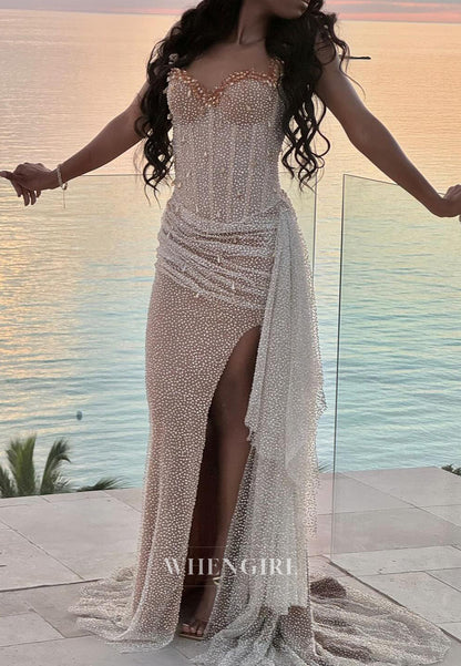 Sheath V Neck Beaded Sleeveless Pleated Side Slit Sweep Train Prom Dress