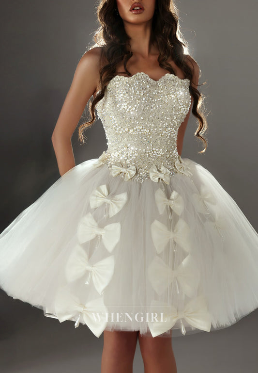 A-Line Asymmetrical Beaded Strapless Tulle Short Wedding Dress with Bowknot