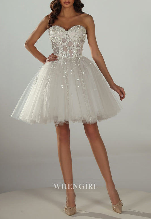 A-Line Sweetheart Strapless Beaded Tulle Short Wedding Dress with Appliques and Pearl