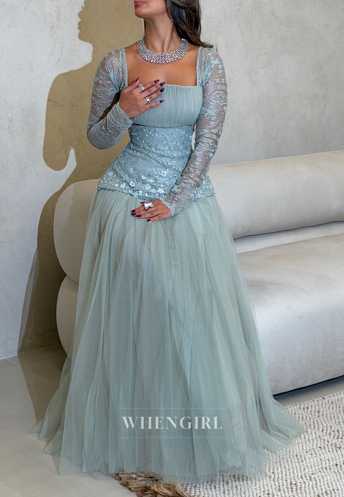 Blue A-Line Square Neck Long Sleeves Beaded Floor Length Evening Formal Dress