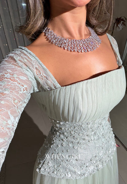 Blue A-Line Square Neck Long Sleeves Beaded Floor Length Evening Formal Dress