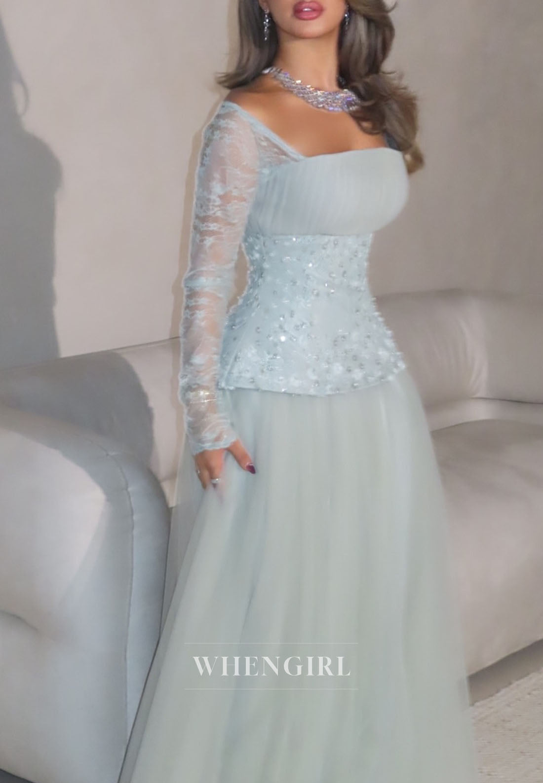 Blue A-Line Square Neck Long Sleeves Beaded Floor Length Evening Formal Dress