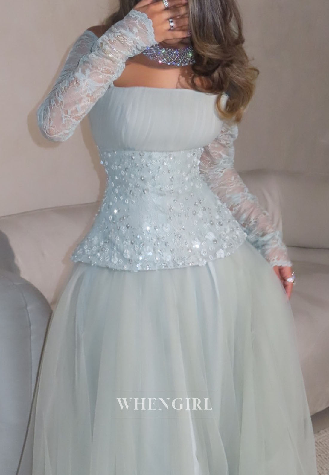 Blue A-Line Square Neck Long Sleeves Beaded Floor Length Evening Formal Dress