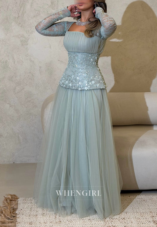 Blue A-Line Square Neck Long Sleeves Beaded Floor Length Evening Formal Dress