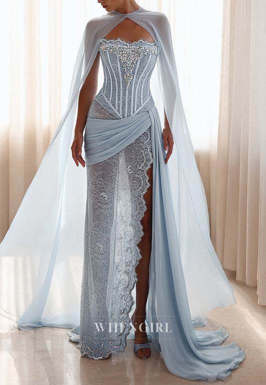 Light Blue Beaded Sheath Sleeveless Pleated High Side Slit Formal Evening Dress with Cape and Train