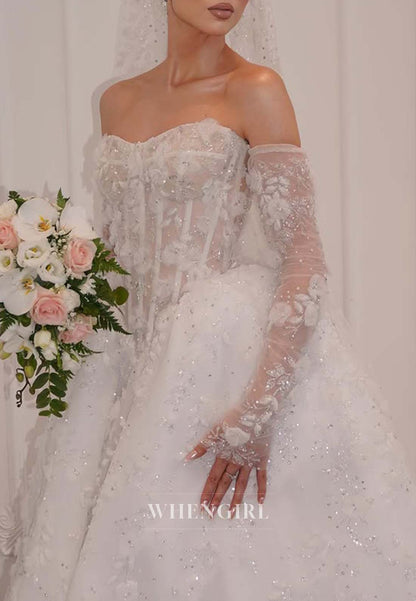 Ball Gown Sweetheart Long Sleeves Appliqued Lace Court Train Wedding Dress with Veil