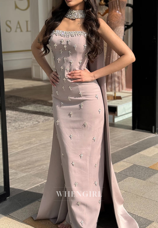 Sheath Vintage Mauve Tube Top Sleeveless Beaded Formal Evening Dress with Shawl