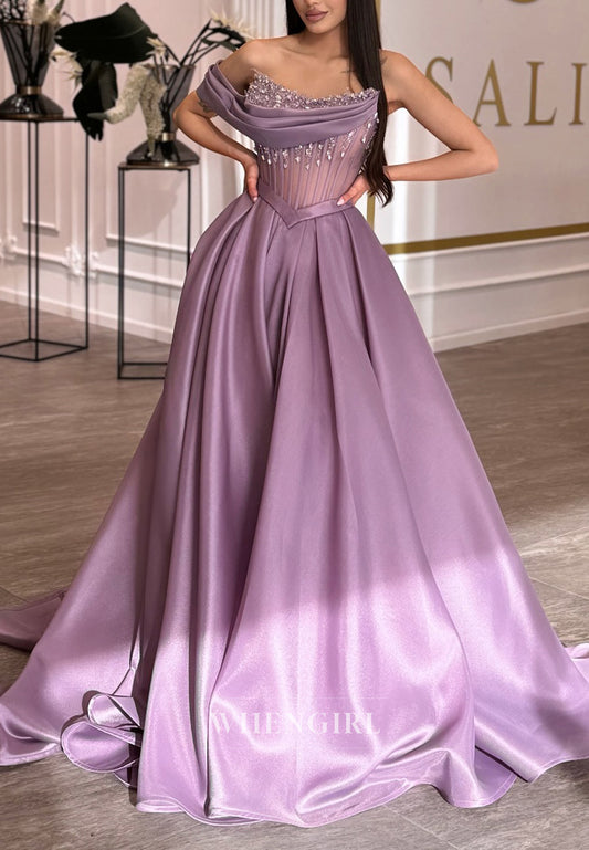 Lilac A-Line Pleates One Shoulder Sleeveless Beaded Formal Evening Dress