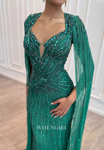 Teal Beaded Asymmetrical Neck Long Sleeves Sheath Floor Length Evening Formal Dress