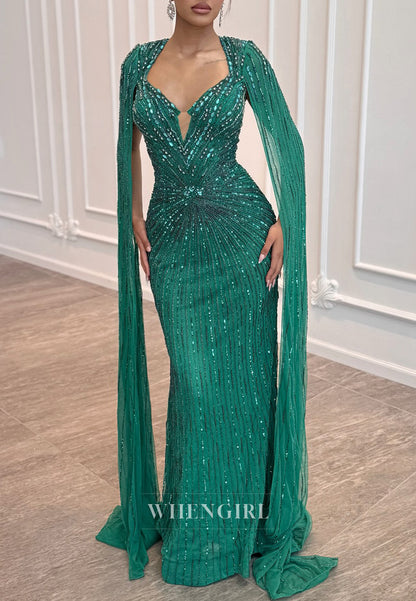 Teal Beaded Asymmetrical Neck Long Sleeves Sheath Floor Length Evening Formal Dress