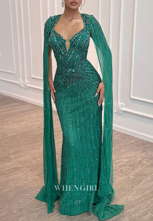 Teal Beaded Asymmetrical Neck Long Sleeves Sheath Floor Length Evening Formal Dress