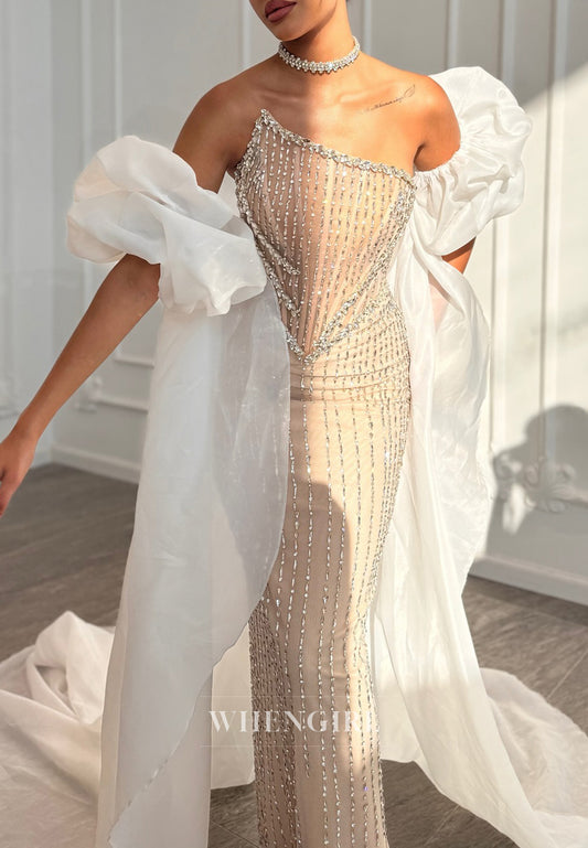 Light Champagne Beaded Asymmetrical Neck Sheath Evening  Formal Dress with Cape and Scarf