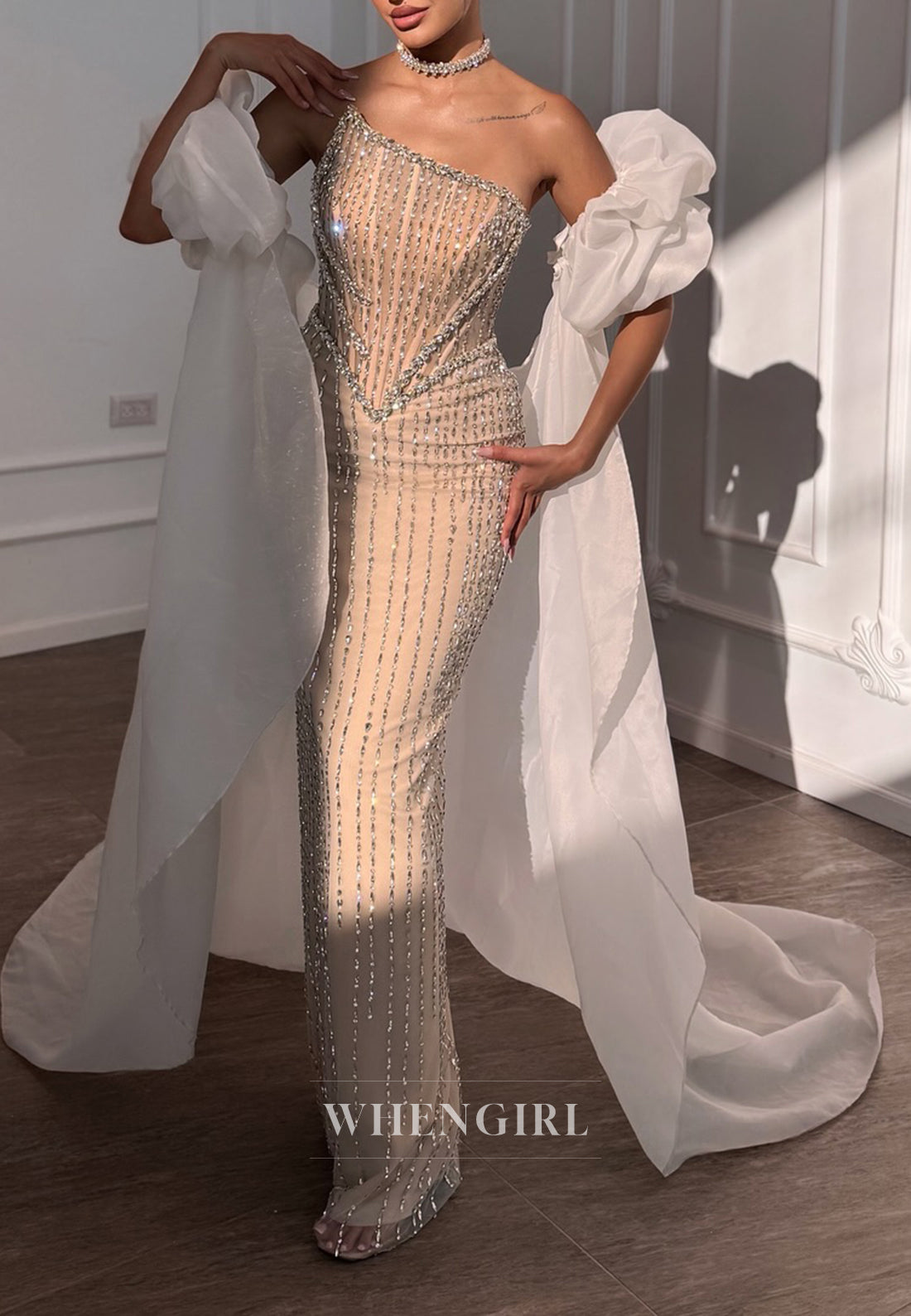 Light Champagne Beaded Asymmetrical Neck Sheath Evening  Formal Dress with Cape and Scarf