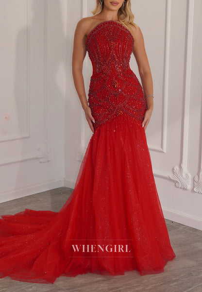 Red Tube Top Sleeveless Beaded Mermaid Evening Formal Dress with Court Train