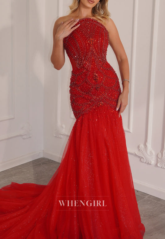 Red Tube Top Sleeveless Beaded Mermaid Evening Formal Dress with Court Train