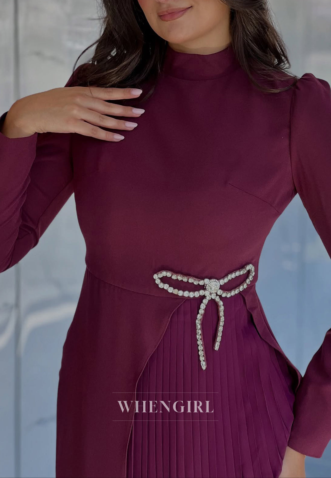 Sheath Orchid High Neck Long Sleeves Pleated Bowknot Mother of the Bride Dress