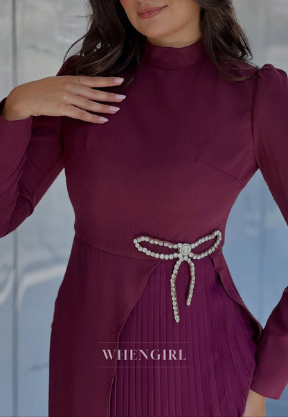 Sheath Orchid High Neck Long Sleeves Pleated Bowknot Mother of the Bride Dress