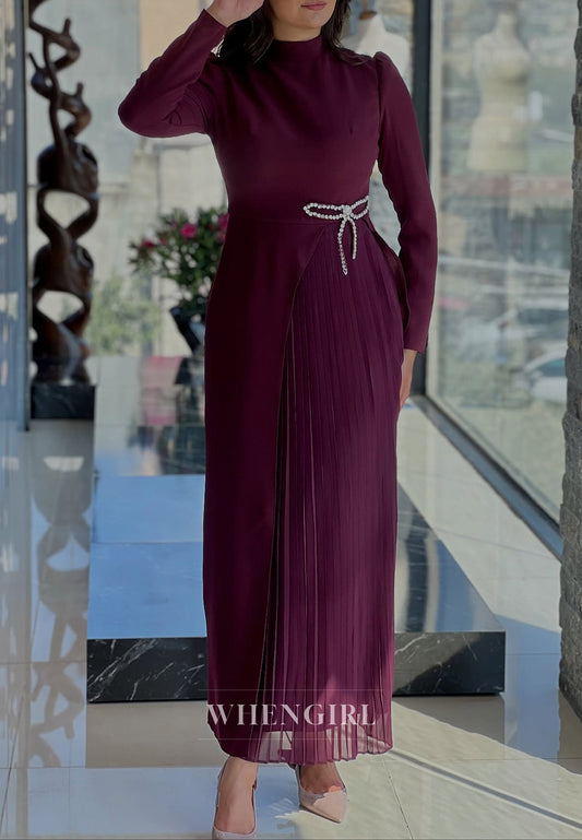 Sheath Orchid High Neck Long Sleeves Pleated Bowknot Mother of the Bride Dress