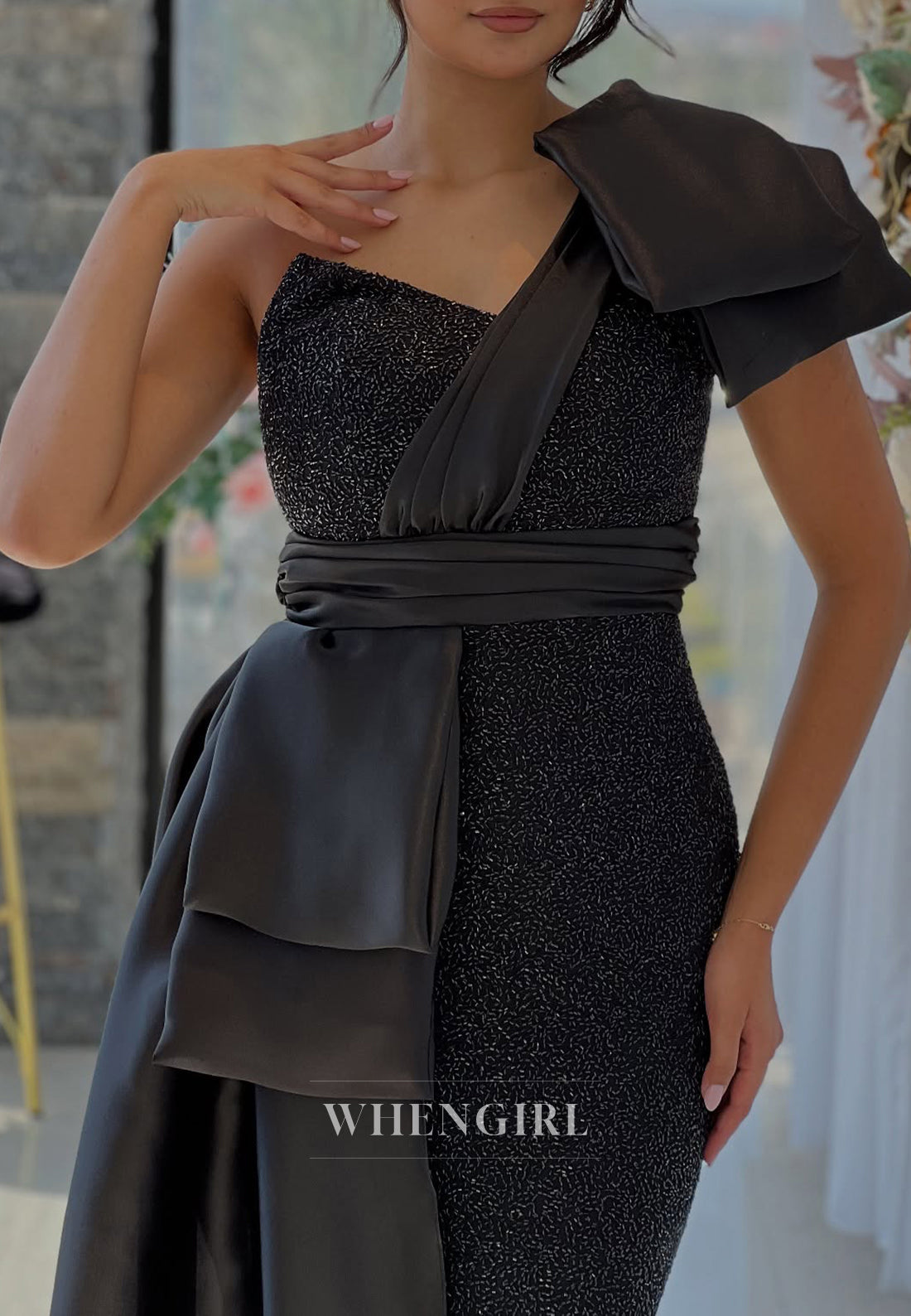 Sheath Black One Shoulder Bowknot Beaded Sleeveless Floor Length Mother of the Bride Dress