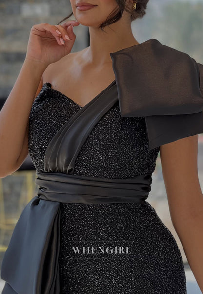 Sheath Black One Shoulder Bowknot Beaded Sleeveless Floor Length Mother of the Bride Dress