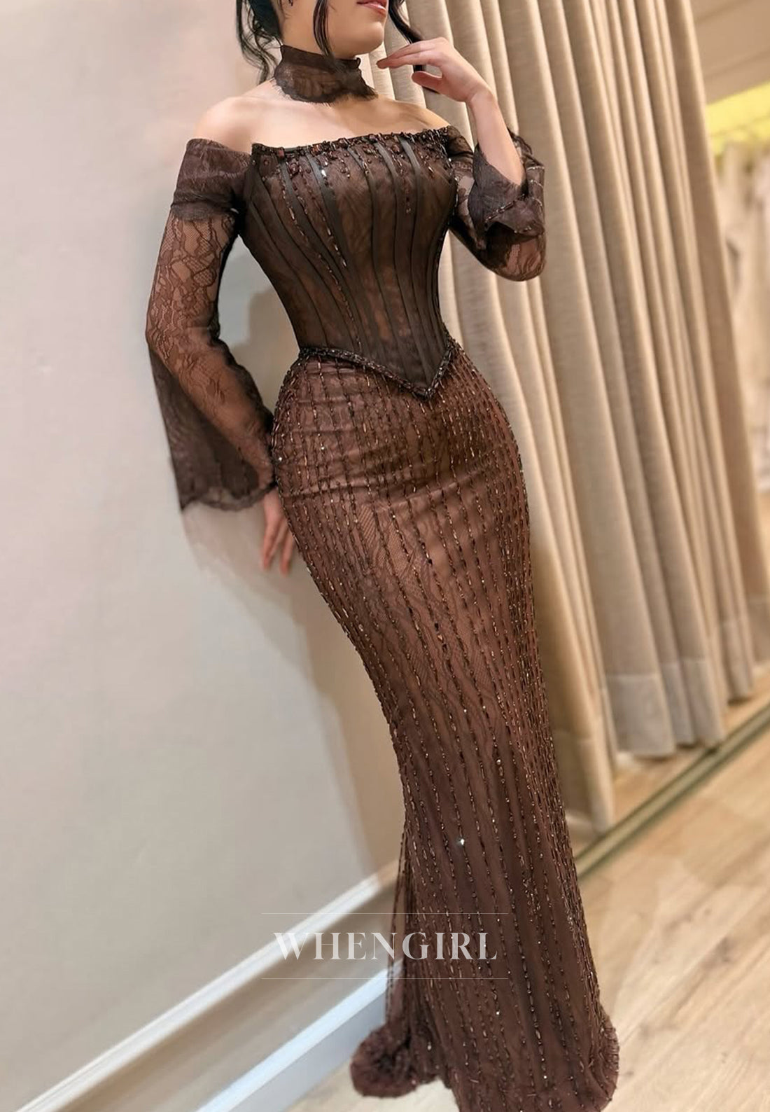 Chocolate Off Shoulder Long Sleeves Beaded Sheath Floor Length Formal Evening Dress