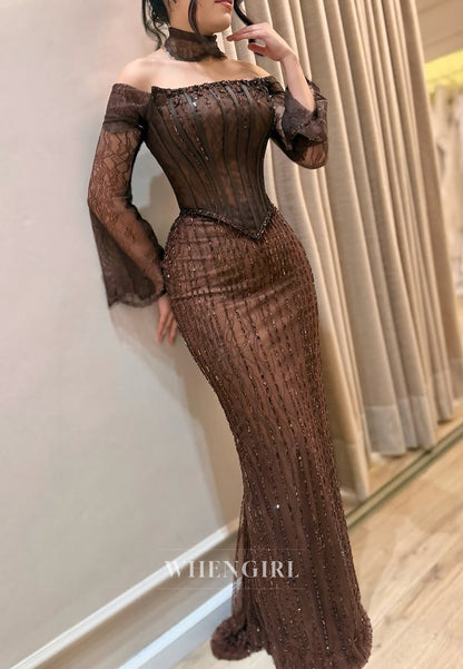 Chocolate Off Shoulder Long Sleeves Beaded Sheath Floor Length Formal Evening Dress