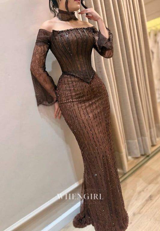 Chocolate Off Shoulder Long Sleeves Beaded Sheath Floor Length Formal Evening Dress