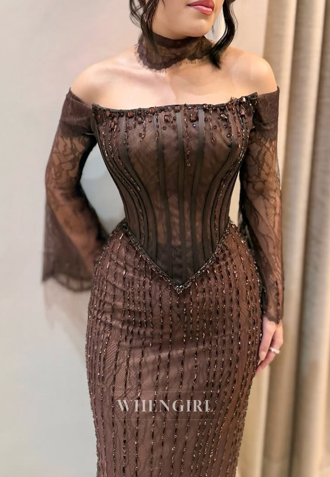 Chocolate Off Shoulder Long Sleeves Beaded Sheath Floor Length Formal Evening Dress