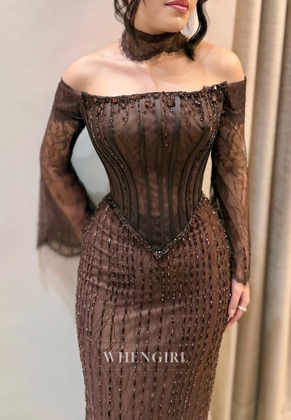 Chocolate Off Shoulder Long Sleeves Beaded Sheath Floor Length Formal Evening Dress
