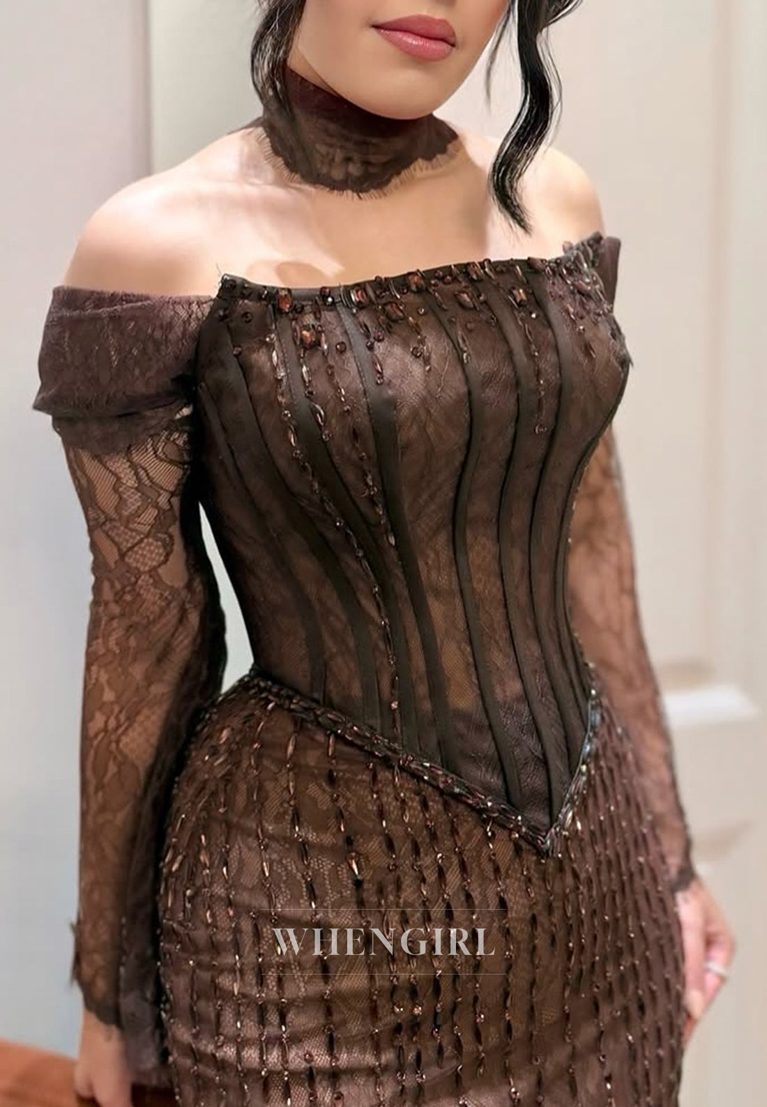 Chocolate Off Shoulder Long Sleeves Beaded Sheath Floor Length Formal Evening Dress