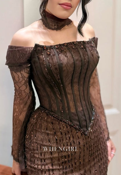 Chocolate Off Shoulder Long Sleeves Beaded Sheath Floor Length Formal Evening Dress