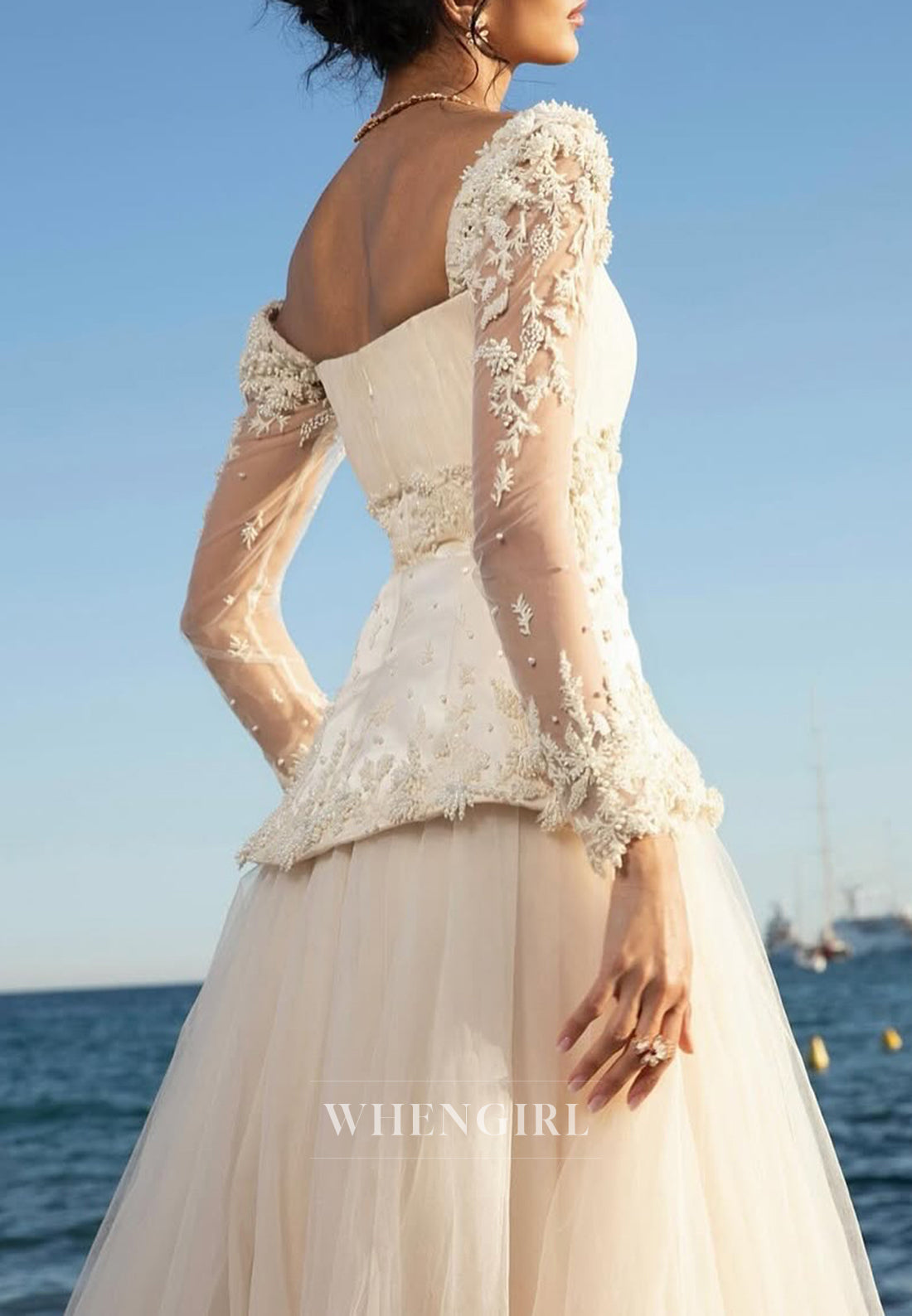 A-Line Square Neck Long Sleeves Pears Beading Tulle Wedding Dress