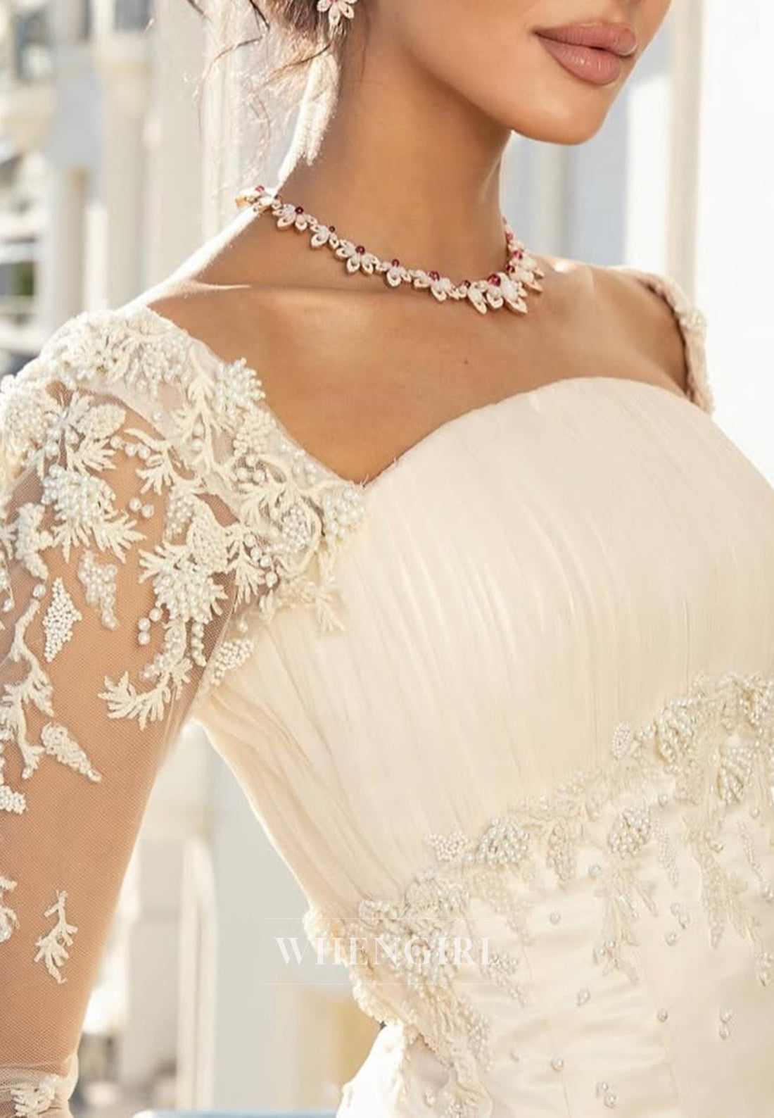 A-Line Square Neck Long Sleeves Pears Beading Tulle Wedding Dress
