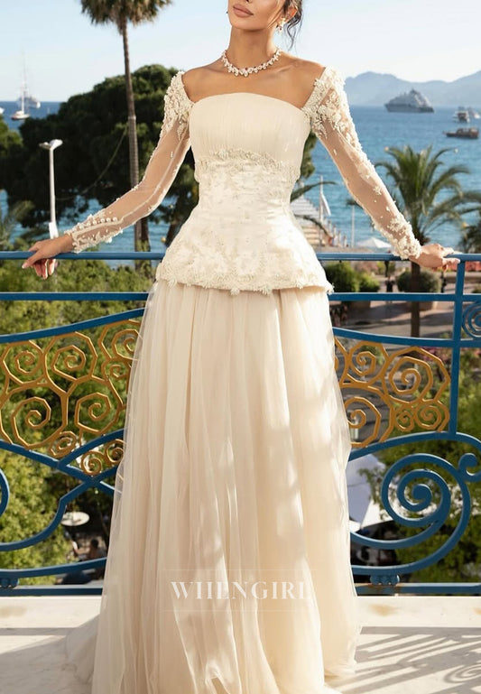 A-Line Square Neck Long Sleeves Pears Beading Tulle Wedding Dress