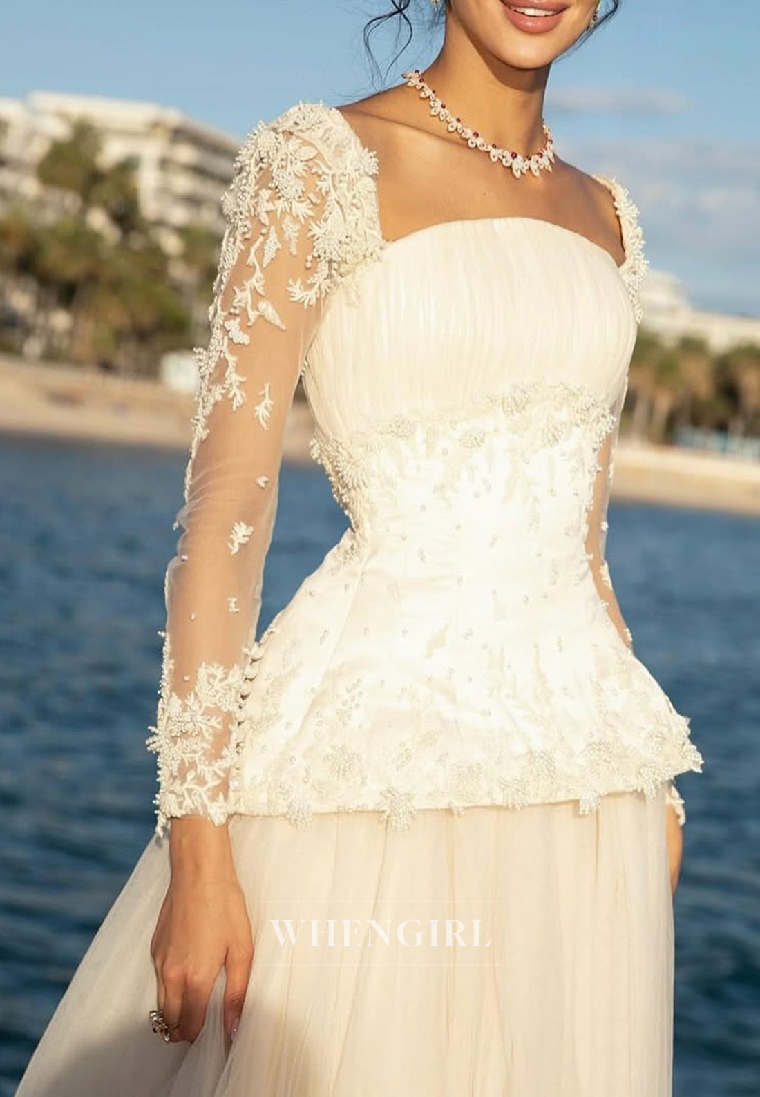 A-Line Square Neck Long Sleeves Pears Beading Tulle Wedding Dress