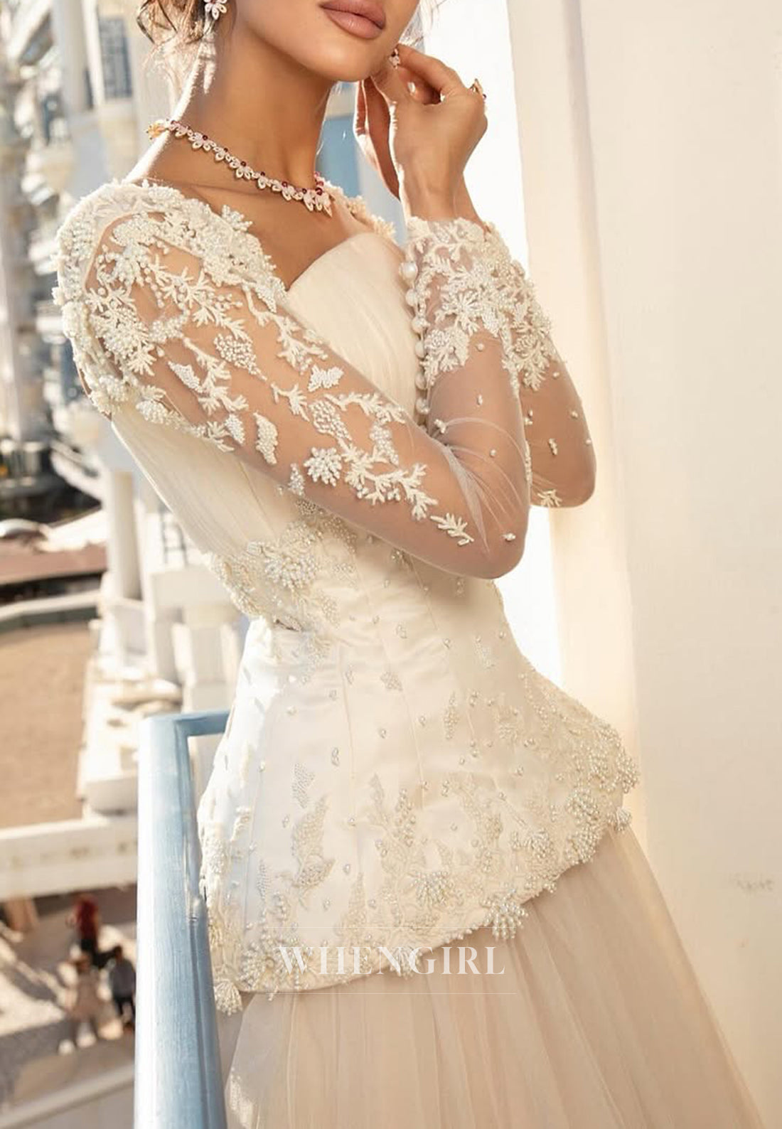 A-Line Square Neck Long Sleeves Pears Beading Tulle Wedding Dress