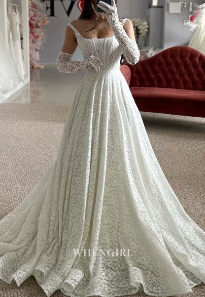 Sleeveless Bateau Neck A-Line Lace Wedding Dress with Court Train and Gloves