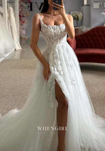 Bateau Neck Sleeveless Appliqued Tulle A-Line Side Slit Wedding Dress with Court Train