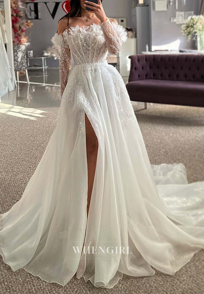A-line Appliqued Long Sleeves Off Shoulder Side Slit Chiffon Wedding Dress with Court Train