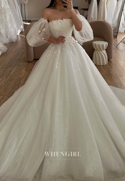 A-Line Short Puff Sleeves Strapless Appliqued Tulle Court Train Wedding Dress
