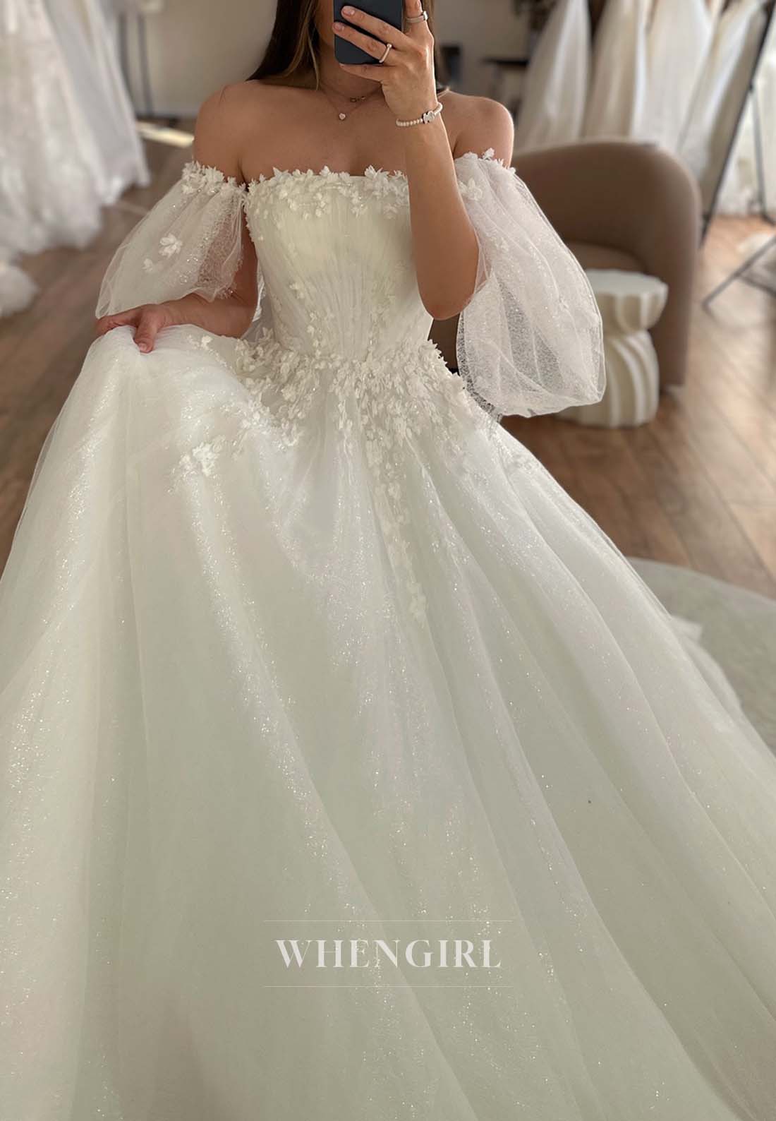 A-Line Short Puff Sleeves Strapless Appliqued Tulle Court Train Wedding Dress
