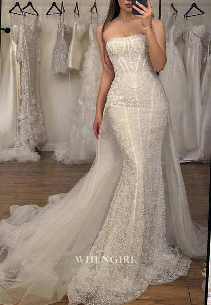 Graceful Off Shoulder Pearls Beading Mermaid Wedding Dress with Long Removable sleeves and Court Train