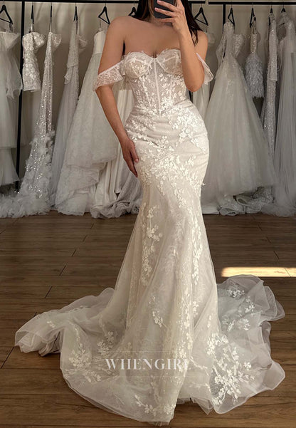 Sweetheart Off Shoulder Sleeveless Mermaid Wedding Dress with Appliques