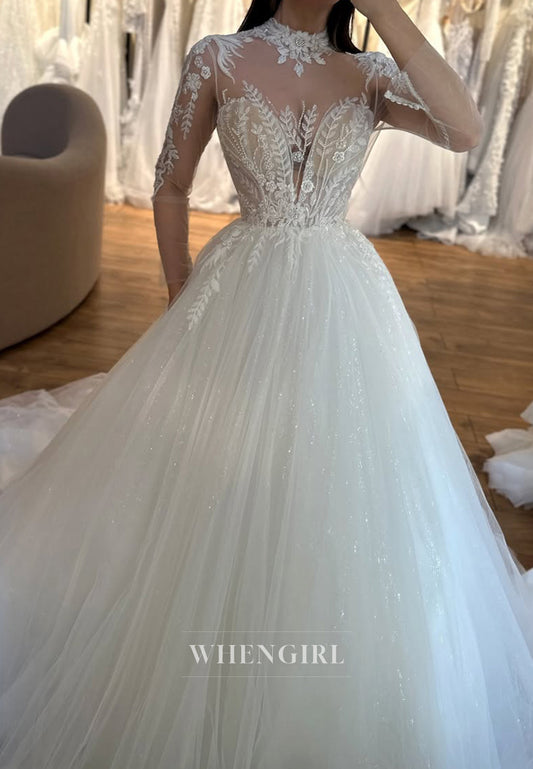 A-line Illusion High Neck Appliques Long Sleeves Wedding Dresses with Train