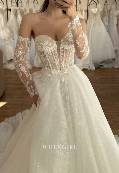 A-Line Off the Shoulder Strapless Sweetheart Glitter Wedding Dresses with Train