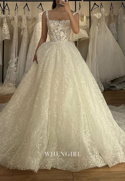 Ball Gown Embroidery Lace Square Wedding Dress with Court Train