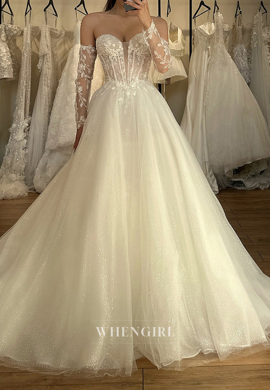 A-Line Off the Shoulder Strapless Sweetheart Glitter Wedding Dresses with Train