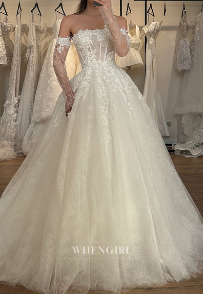 A-Line Court Train Off the Shoulder Tulle Long Sleeve Floral Wedding Dress