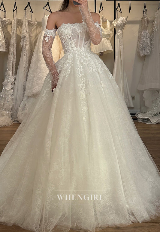 A-Line Court Train Off the Shoulder Tulle Long Sleeve Floral Wedding Dress