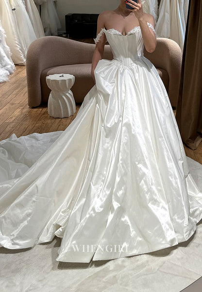 A-line Sweetheart Off the Shoulder Satin Wedding Dresses with Court Train
